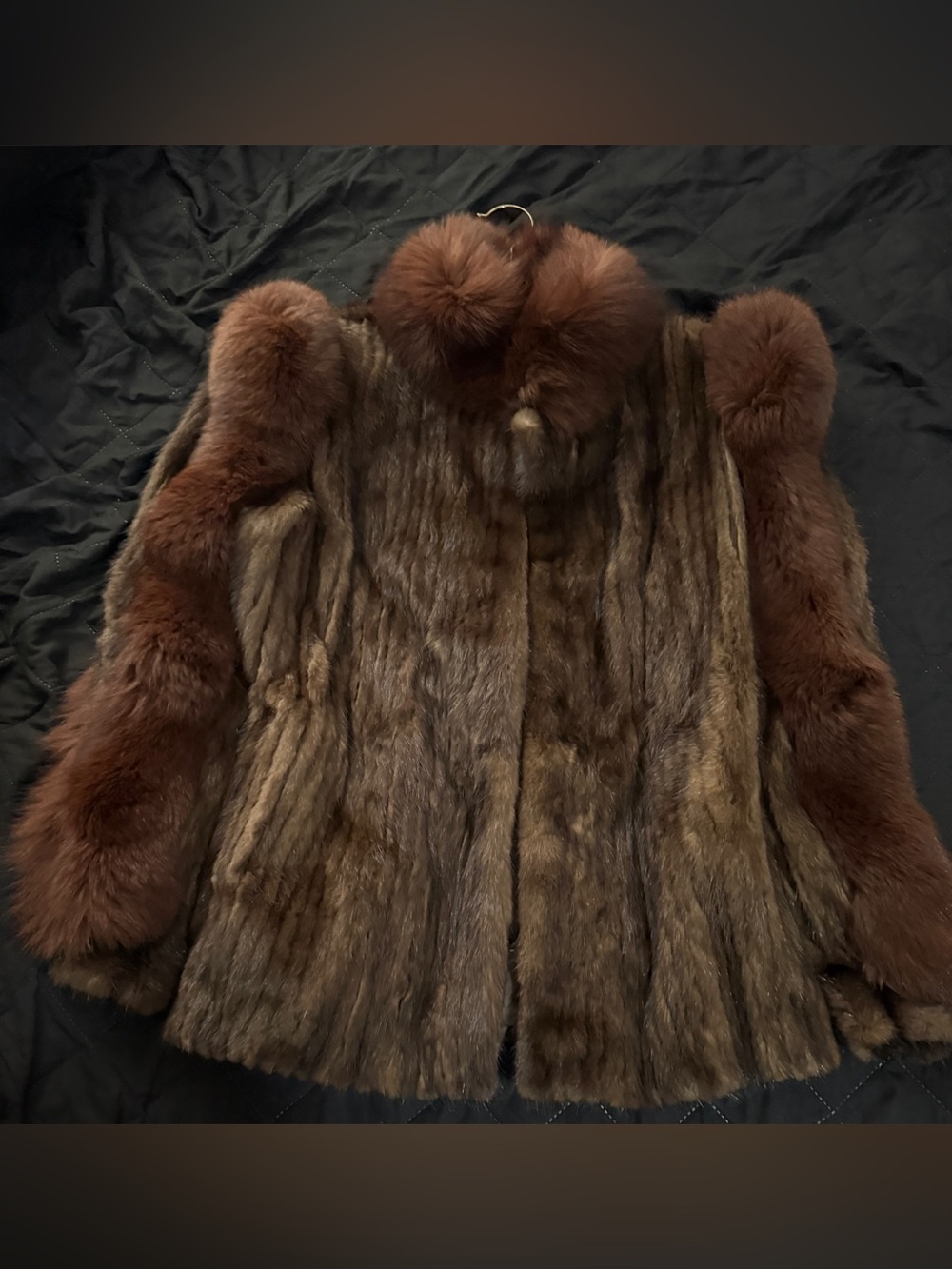Women's Brown Real Mink Coat with Pom-Trim Collar